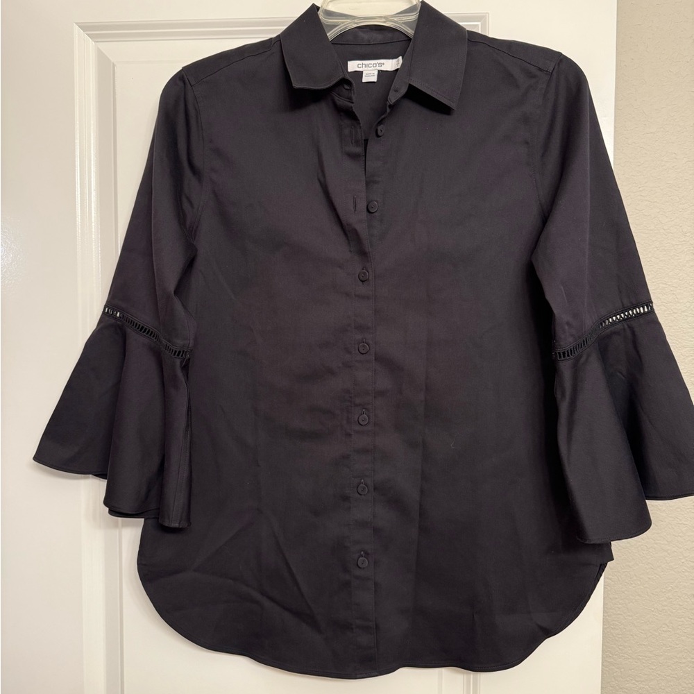 Chico's Elegant Black Bell Sleeve Button Down Shirt
